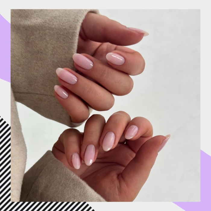 Close up of neutral builder gel nails using Glossify Petal