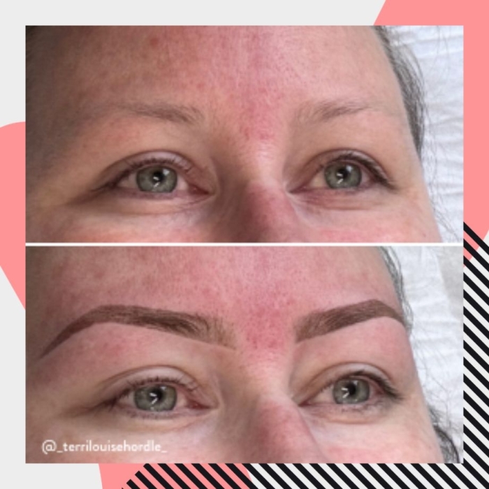 Hybrid brow tint before and after on sparse brows