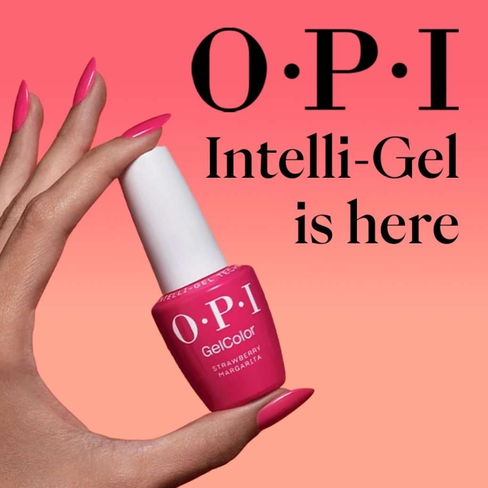Model holding bottle of OPI Intelli-Gel in Strawberry Margarita