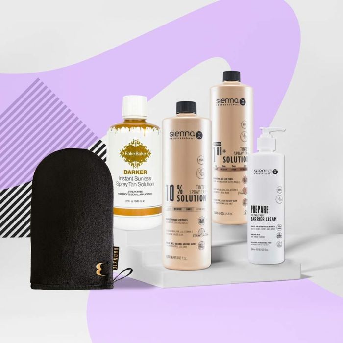 Selection of Sienna X, Fake Bake and Bronzie products with Nouveau Beauty branded background