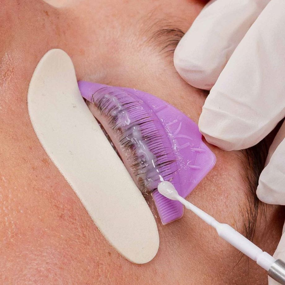 Lash lift treatment with shields on lashes