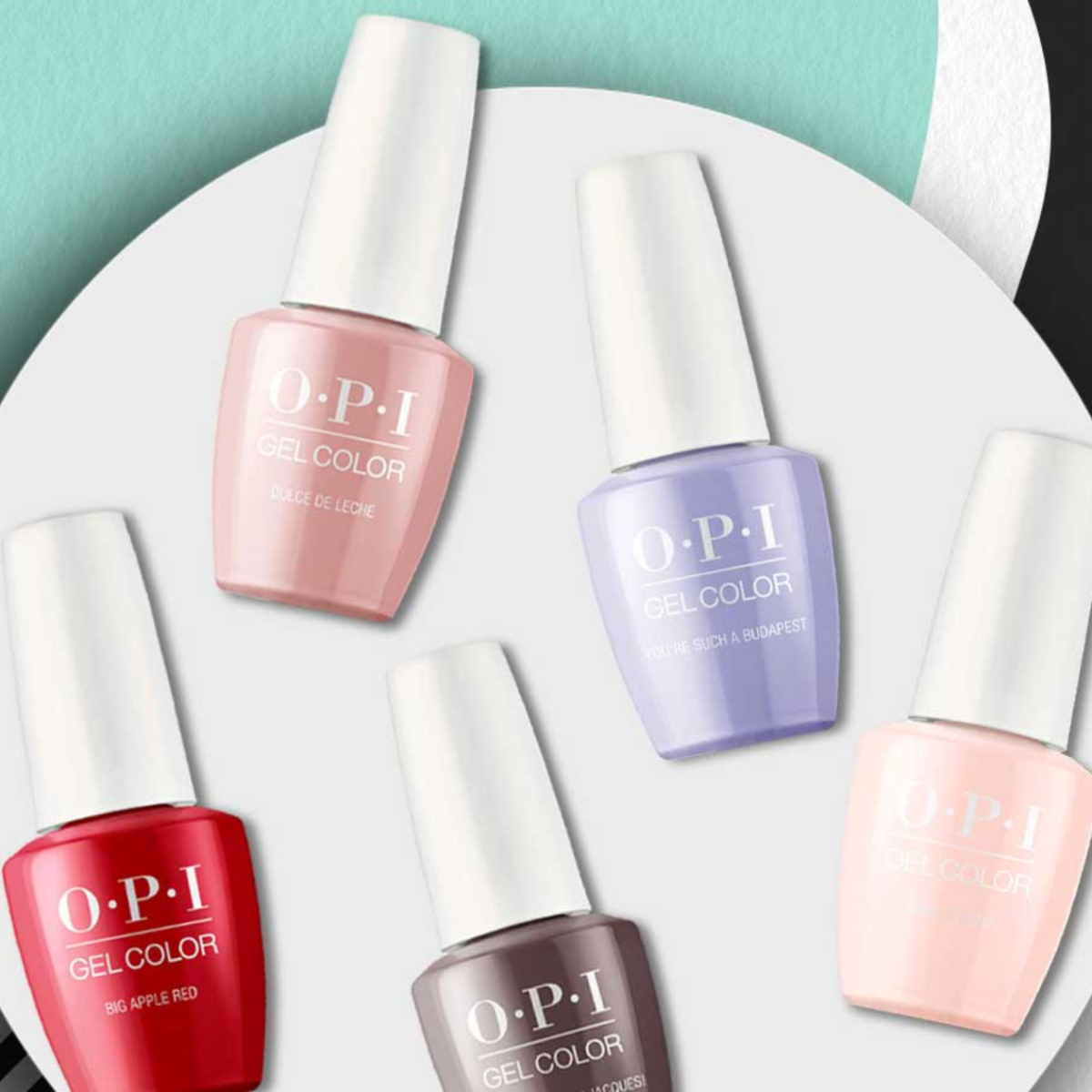 A selection of OPI GelColor bottles on Nouveau Beauty background