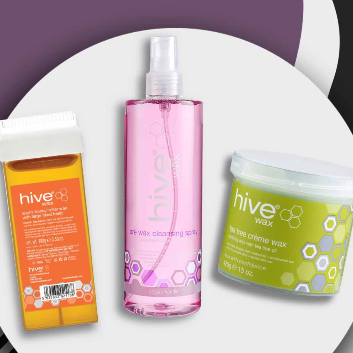 Three Hive waxing products on a Nouveau Beauty background