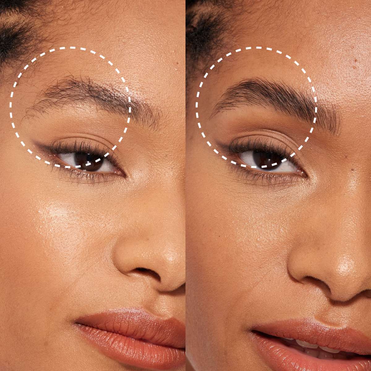 Close up before and after to show how brow lamination can correct unruly brow hairs