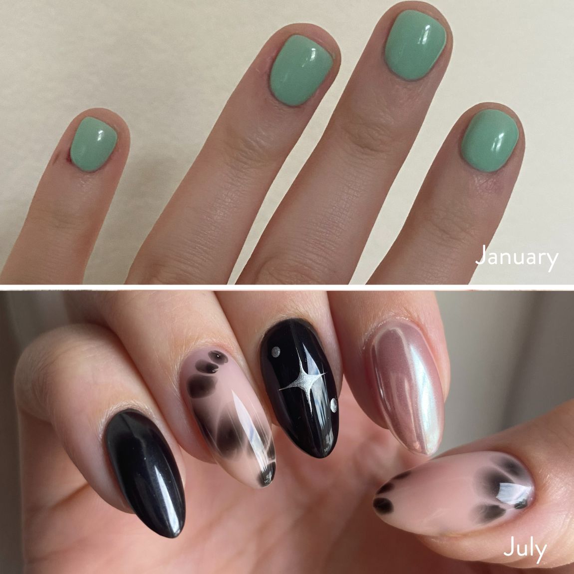 Close ups of nails to show 6 month builder gel regrowth