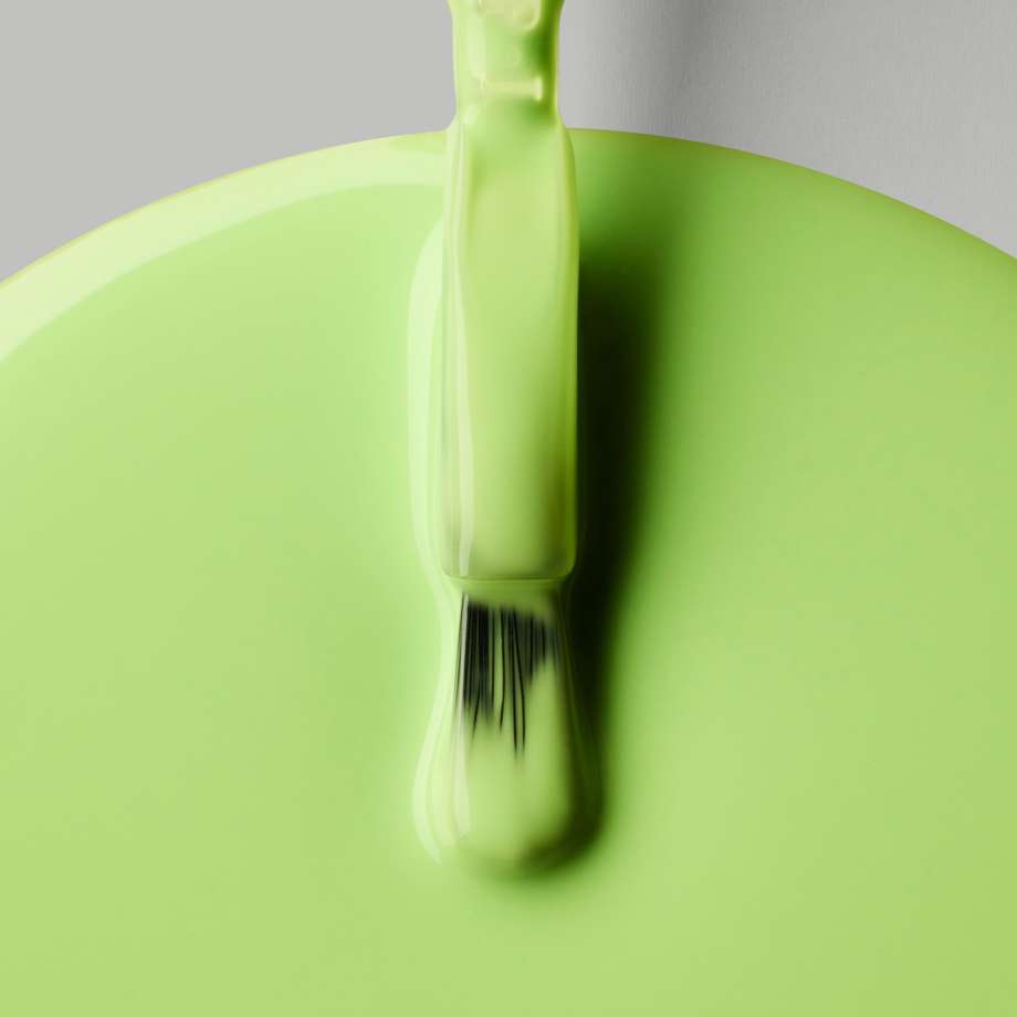 Close up of new OPI Intelli-Gel brush and swatch of lime green gel polish